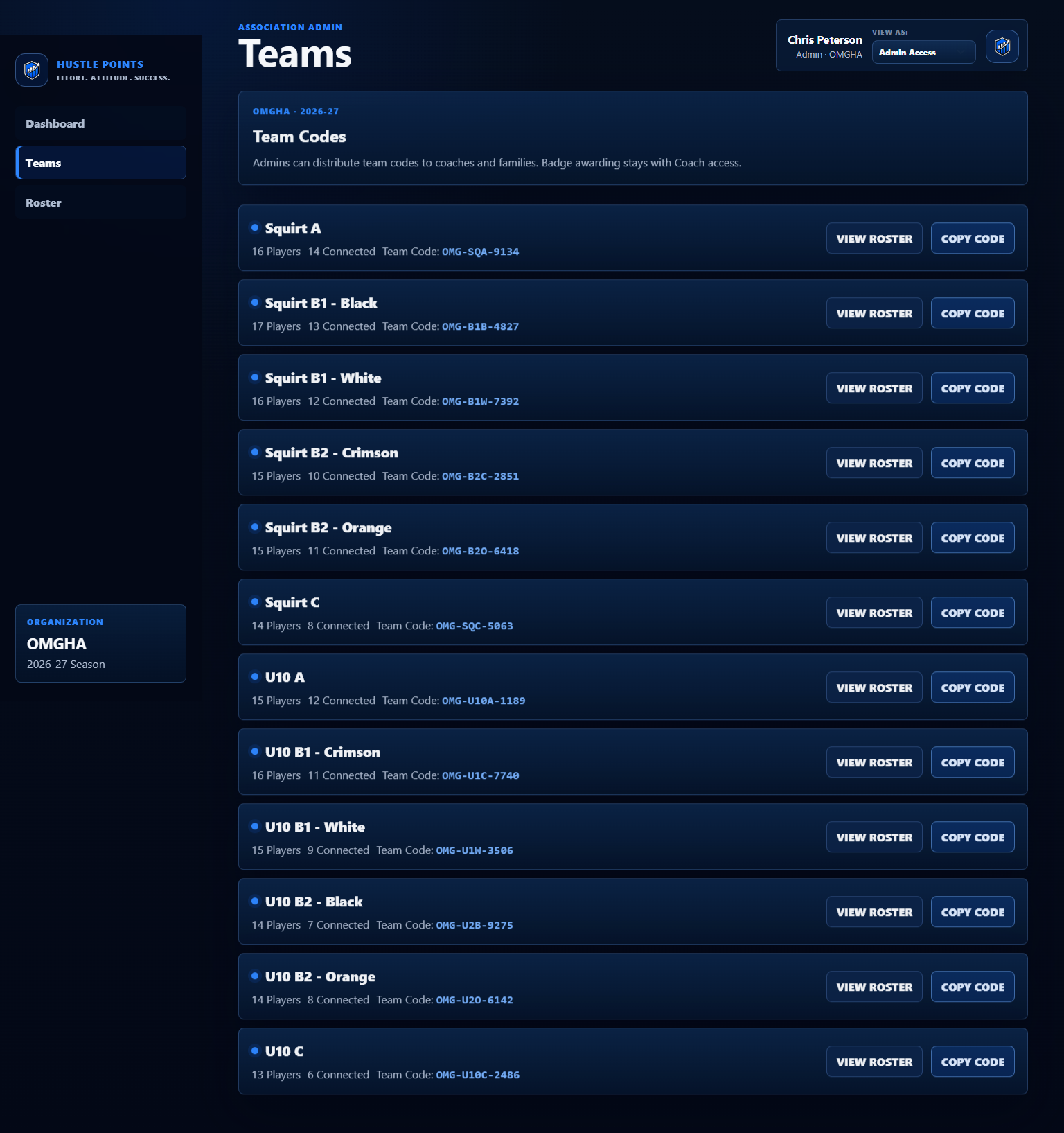 Association Portal team codes screen showing team names, roster size, connected-family count, team code, Copy Code, and View Roster actions.