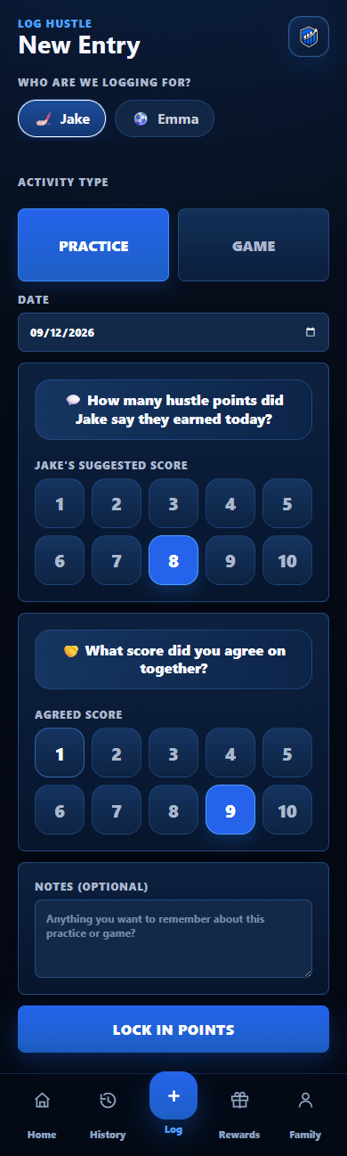 Blue Hustle Points New Entry app screen