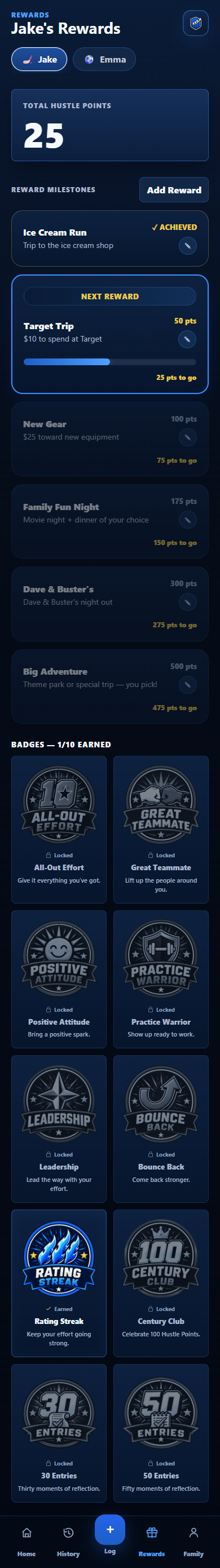 Hustle Points Rewards screen showing total Hustle Points, the next reward, progress, achieved rewards, upcoming rewards, and badges